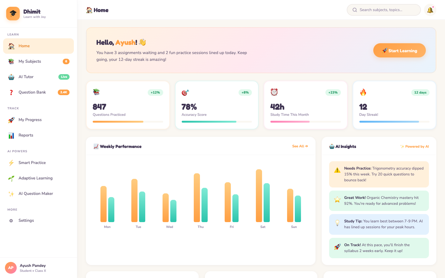 Dhimit Online LMS — AI-powered student dashboard with progress tracking, smart practice, and adaptive learning